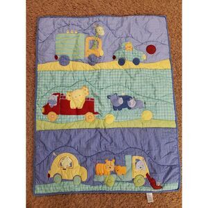 Vintage Just One‎ Carters Baby Blanket Quilt Animals And Trucks Safari Boys Blue